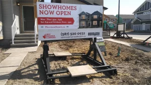 This image shows show home stand up sign.