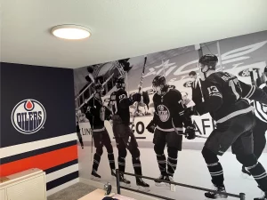 This image shows edmonton oilers wall mural for kids room.
