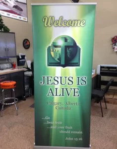 This image shows retractable banner for church.