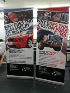 This image shows retractable banners stands full color banners.