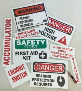 This image shows warning safety first stickers.