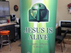 Retractable Banner For Church This image shows retractable banner for church.