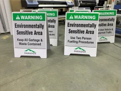 Warning Enviromentally Sensative Sandwich Boards Warning Enviromentally Sensative Sandwich Boards. This is part of SignKore's Sandwich Boards collection, featuring sandwich boards, A-frame signs, sidewalk signs, portable signs, pavement signs.